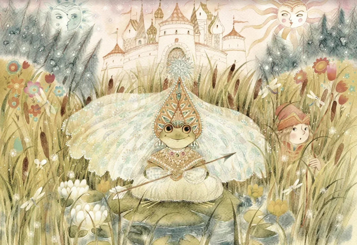 Фотообои на стену - в детскую комнату, царевна лягушка, бежево-зеленая