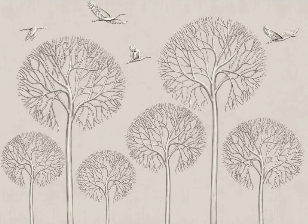 Фотообои на стену - 3д, графика, деревья, журавли, бежевые