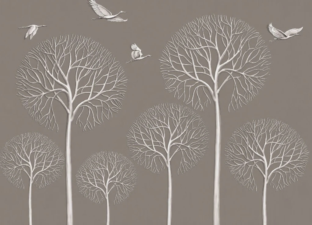 Фотообои и фрески на стену - 3д, графика, деревья, журавли, серо-коричневая