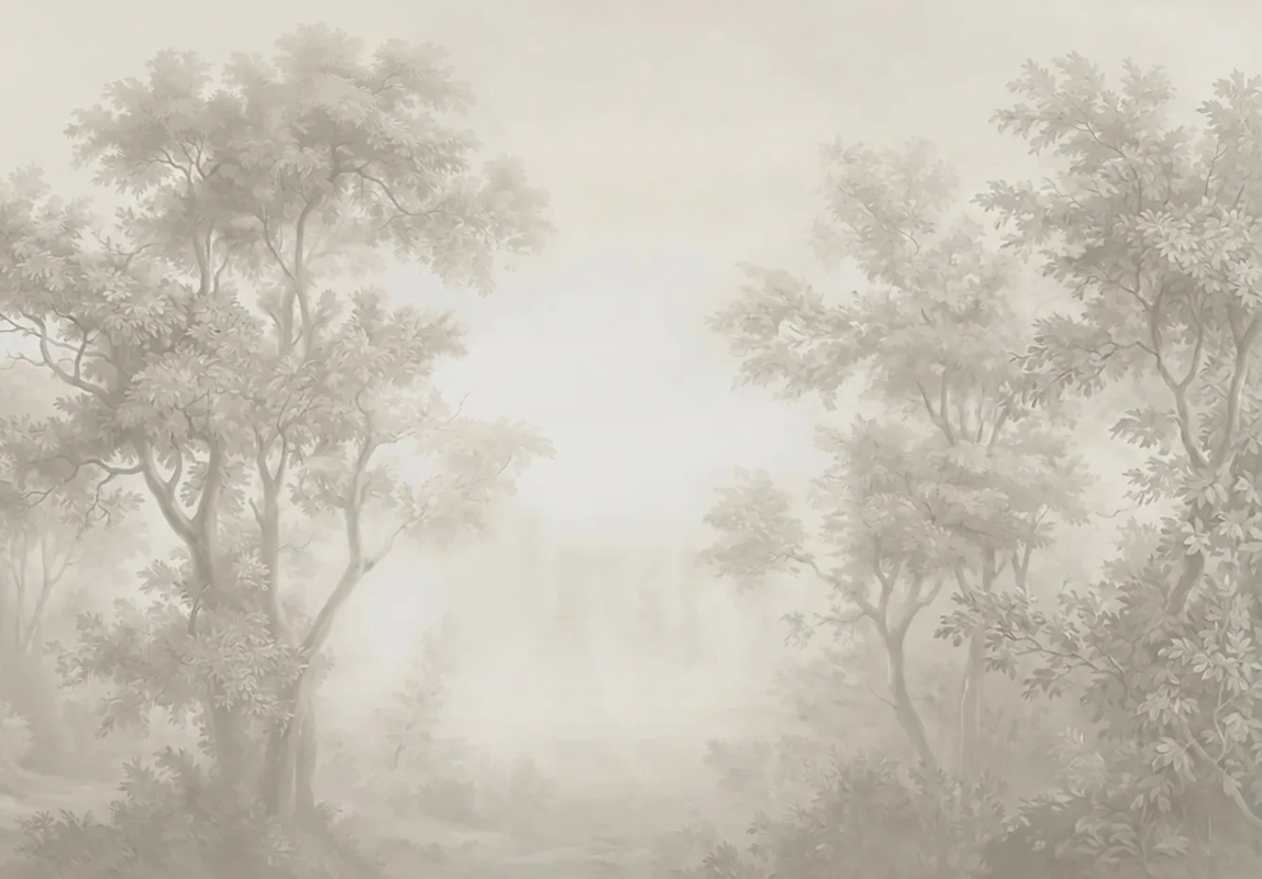 Фотообои и фрески на стену - пейзаж, на стену пейзаж, лес в тумане, на стену лес в тумане, бежевый лес, обои серый лес, обои лес бежевые, новинки, в коридор, в спальню