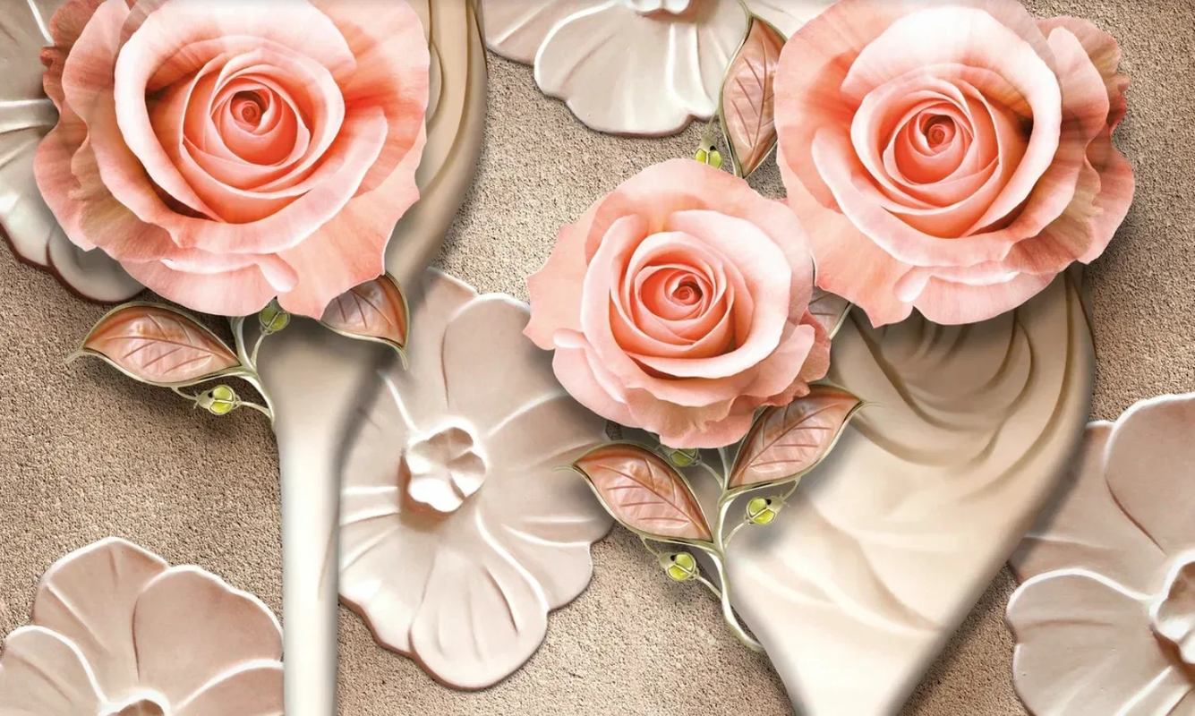 Фотообои на стену - 3д, розы, на бежевом фоне