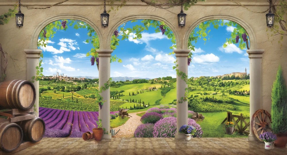 Фотообои и фрески на стену - пейзаж, терраса, поле, колонны, коричневая