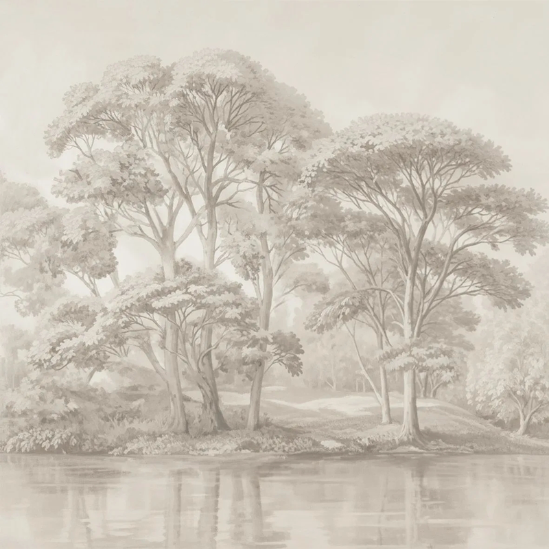 Фотообои на стену - пейзаж, лес, лес река, бежевый лес, туманный лес, лес в тумане бежевые, квадратный