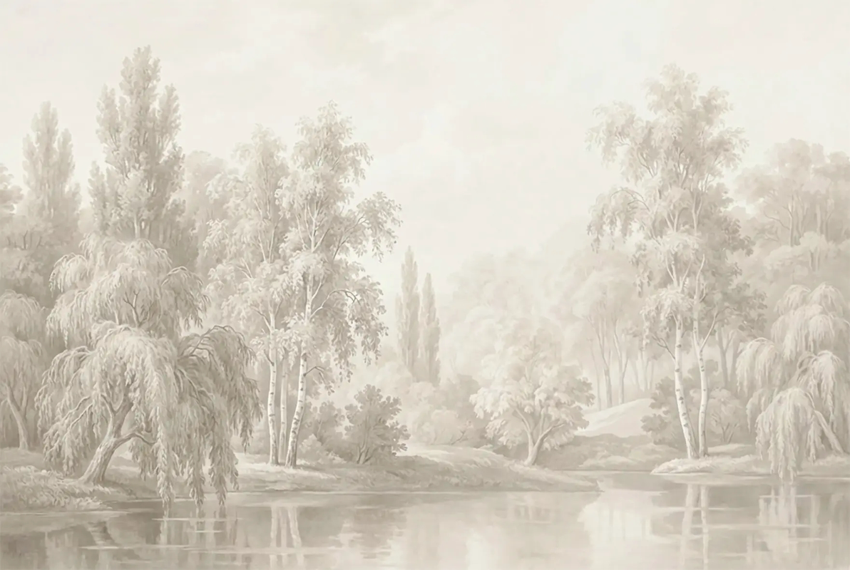 Фотообои на стену - пейзаж, бежевые, красивый пейзаж, русский пейзаж, лес, бежевый лес, туманный лес, лес в тумане, лес река