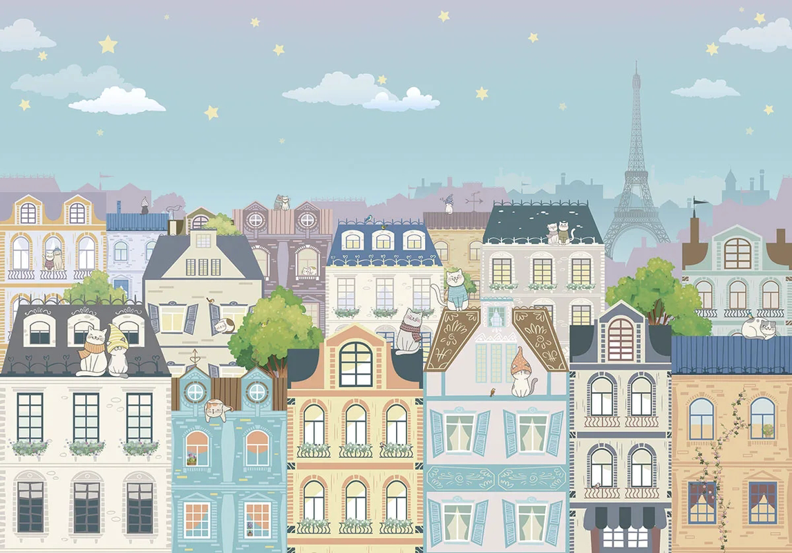 Фотообои и фрески на стену - в детскую комнату, в комнату мальчика, городок, голубая