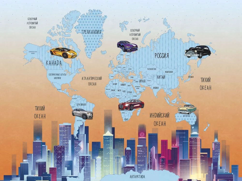 Фотообои и фрески на стену - в детскую комнату, карта, в комнату мальчика, бежево-голубая