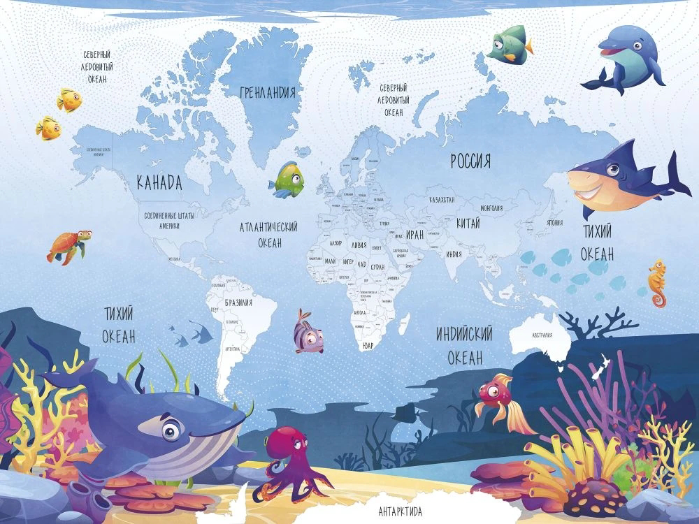 Фотообои и фрески на стену - в детскую комнату, карта, бело-голубая, океан