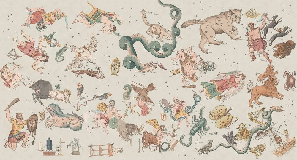 Фотообои на стену - в детскую комнату, созвездия, на бежевом фоне