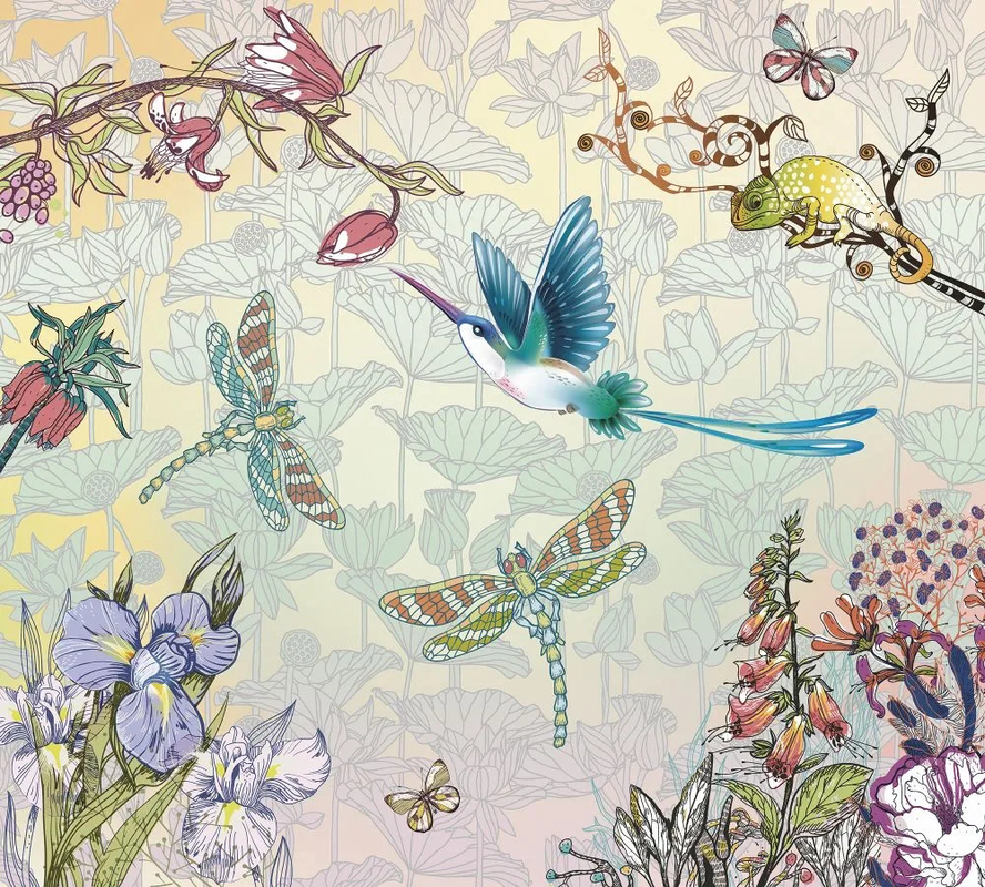 Фотообои и фрески на стену - цветы, в детскую комнату, колибри, стрекоза, хамелеон