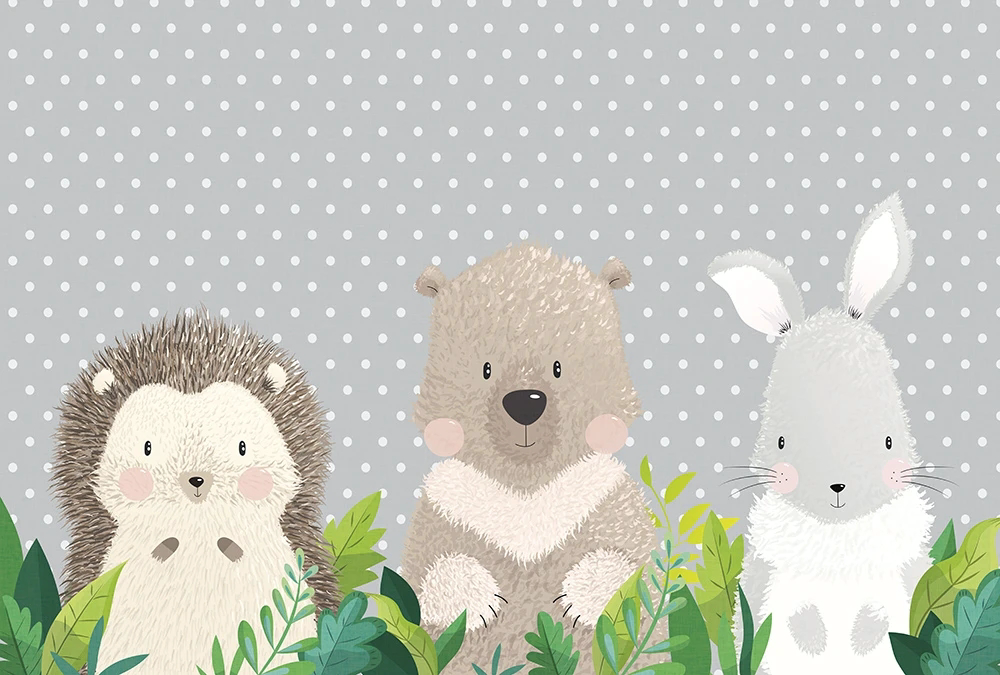Фотообои и фрески на стену - в детскую комнату, ежик, зайка, мишка