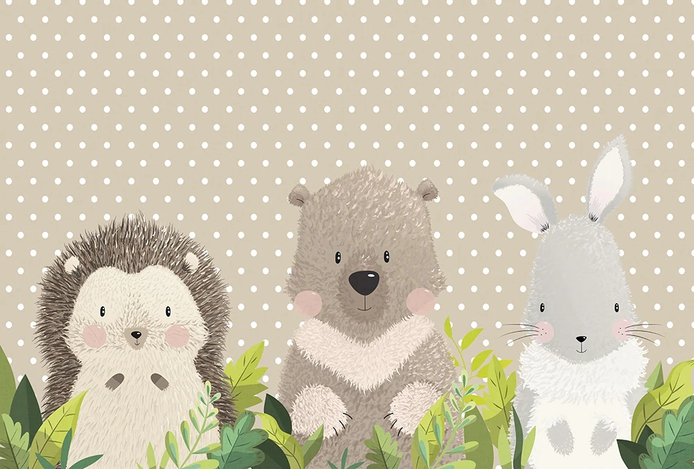 Фотообои и фрески на стену - в детскую комнату, ежик, зайка, мишка, бежевые