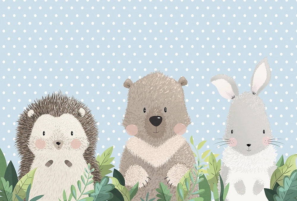 Фотообои и фрески на стену - в детскую комнату, ежик, зайка, мишка, голубая