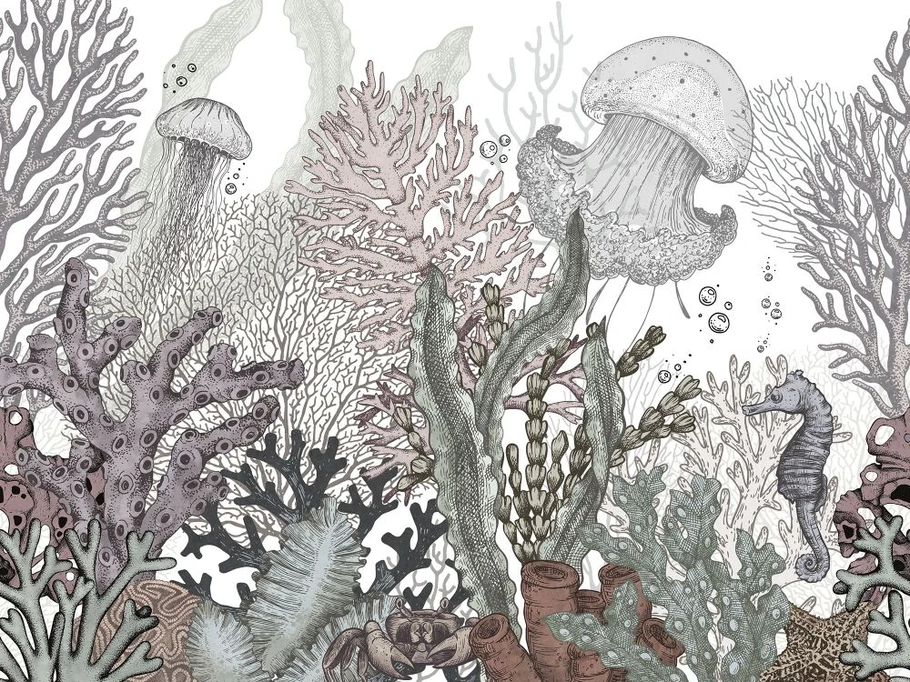 Фотообои и фрески на стену - в ванную комнату, медузы, серая