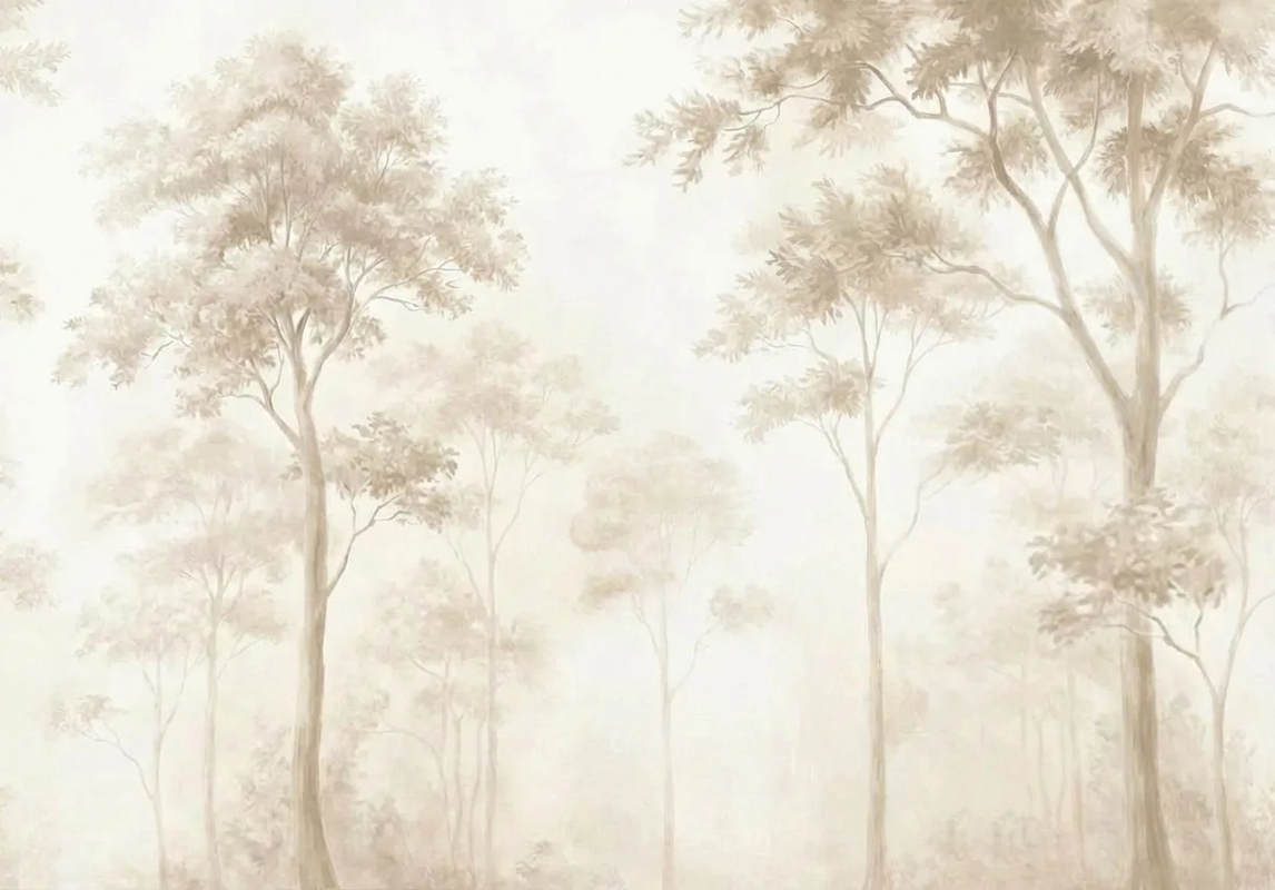 Фотообои и фрески на стену - пейзаж, бежевые, красивый пейзаж, лес, бежевый лес, дерево, деревья, туманный лес, лес в тумане, природа