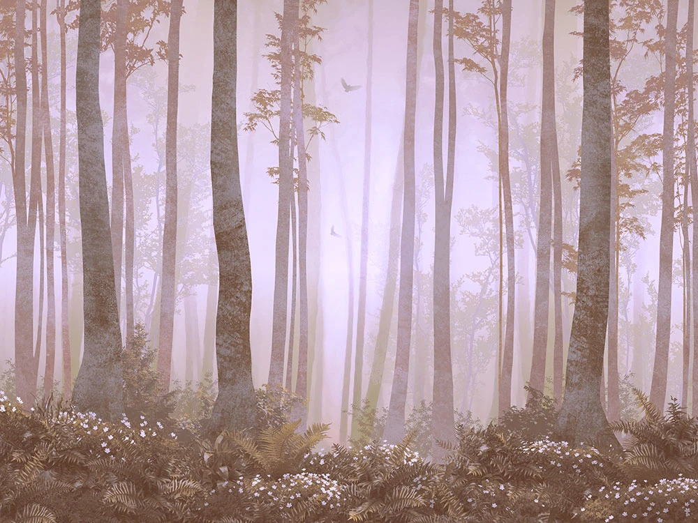 Фотообои и фрески на стену - в загородный дом, лес, деревья, стволы, бежево-розовая