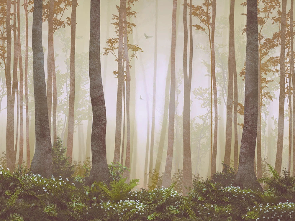 Фотообои и фрески на стену - а загородный дом, лес, деревья, стволы, серо-бежевые