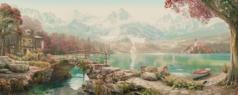Фотообои и фрески на стену - пейзаж, панорамный, озеро, горы, мостик, бежевый