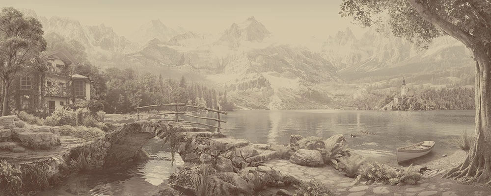 Фотообои и фрески на стену - пейзаж, панорамный, горизонталтный, серо-бежевая, озеро, горы, мостик