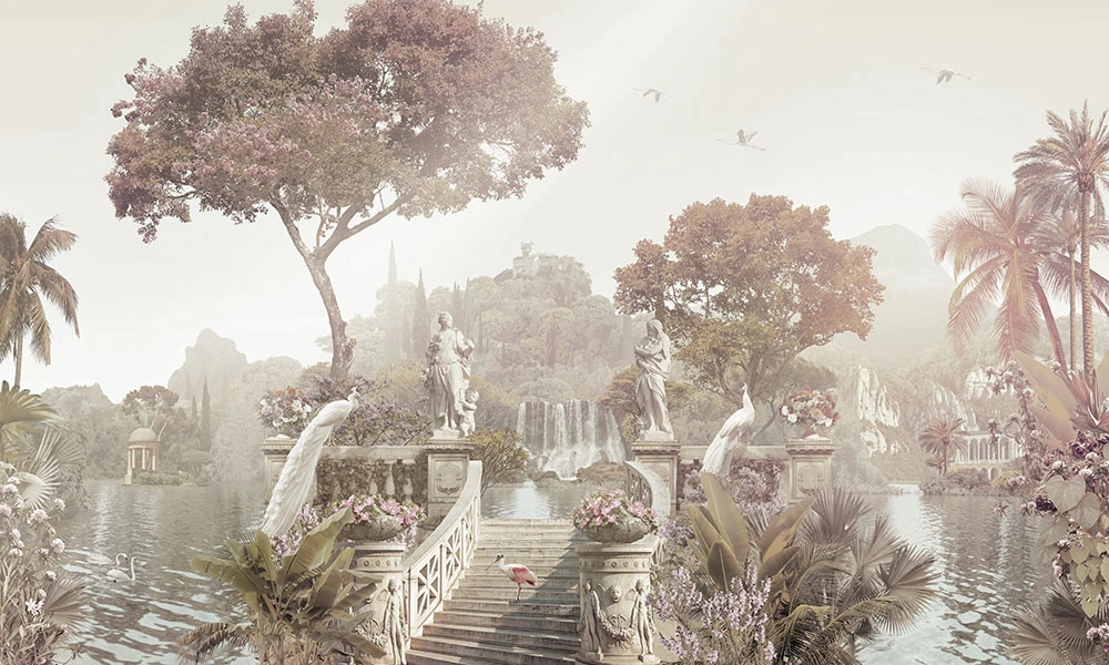 Фотообои и фрески на стену - пейзаж, парк, озеро, статуи, павлины, водопад, лестница