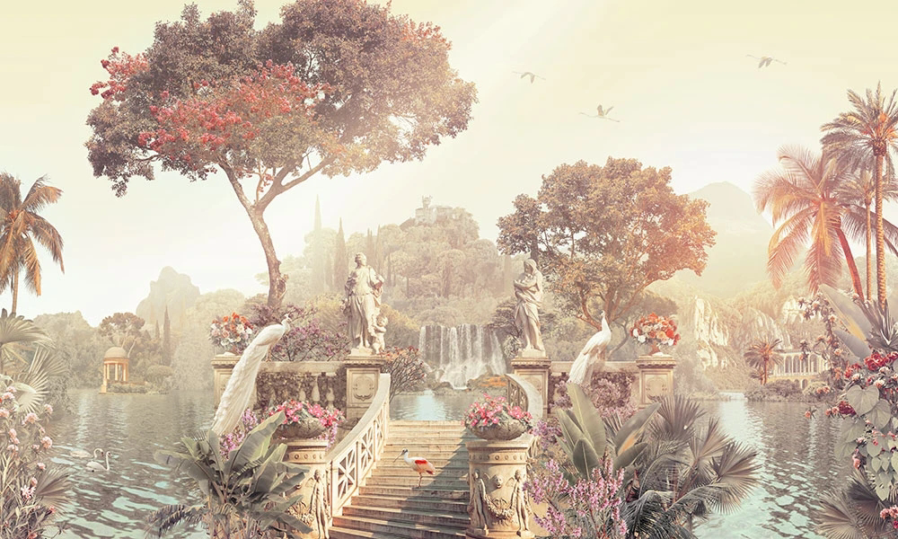 Фотообои и фрески на стену - пейзаж, белые павлины, бежевые, озеро, статуи