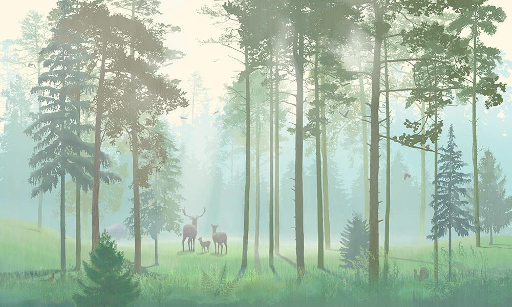 Фотообои и фрески на стену - пейзаж, лес, сосны, зеленые