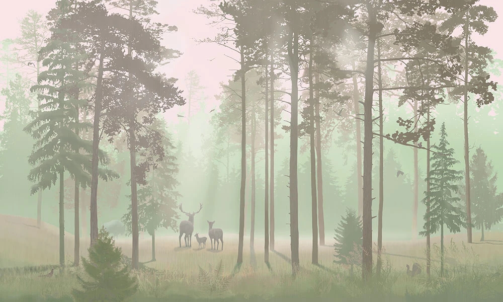 Фотообои и фрески на стену - пейзаж, лес, сосны, розово-зеленая