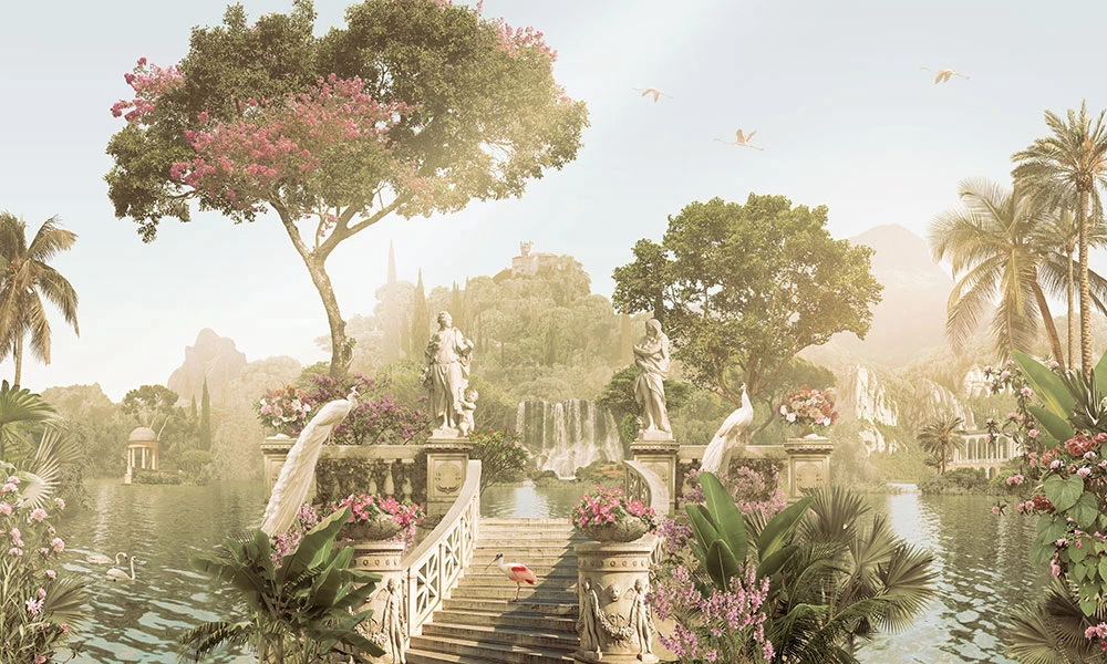 Фотообои и фрески на стену - пейзаж, парк, озеро, статуи, павлины, водопад