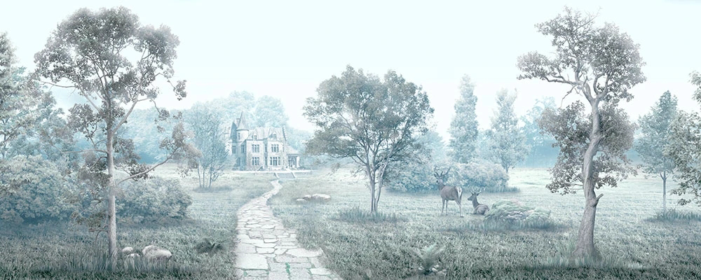 Фотообои и фрески на стену - пейзаж, панорамный, горизонтальный, бирюзовая, парк, дорожка, олени