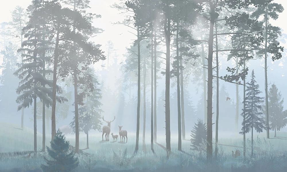 Фотообои и фрески на стену - пейзаж, лес, сосны, серо-голубая