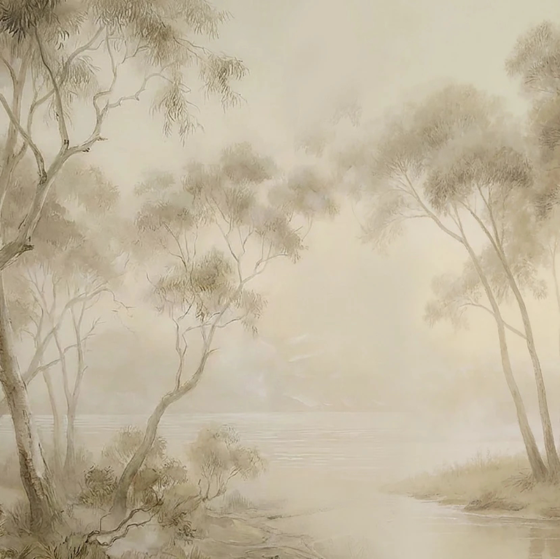 Фотообои и фрески на стену - пейзаж, деревья, дерево на стену, деревья в тумане, обои деревья, деревья сепия, квадратные, лес река