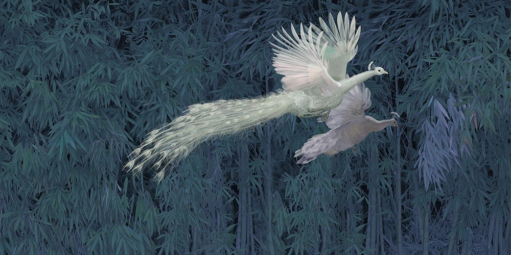 Фотообои и фрески на стену - пейзаж, зеленый, павлины, белые