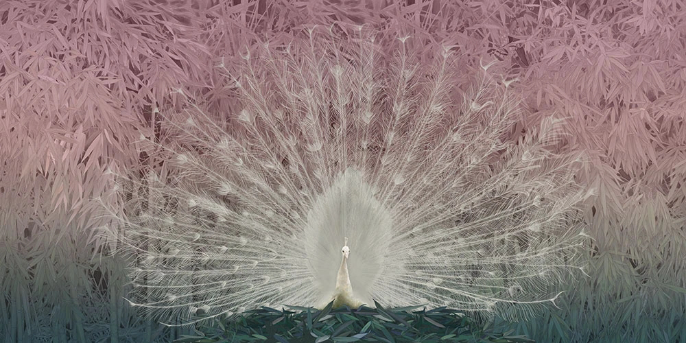 Фотообои на стену - пейзаж, зелено-розовая, павлин, белый