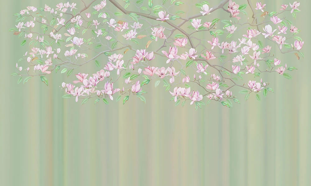 Фотообои на стену - цветы, ветки, магнолия, зеленая