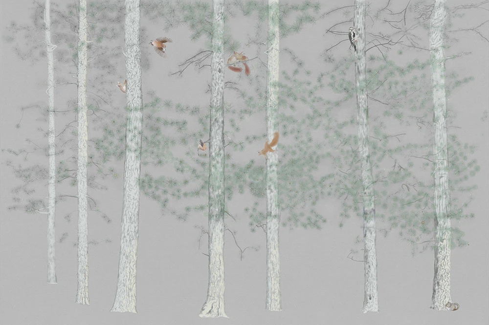 Фотообои и фрески на стену - пейзаж, березы, ветки, птицы