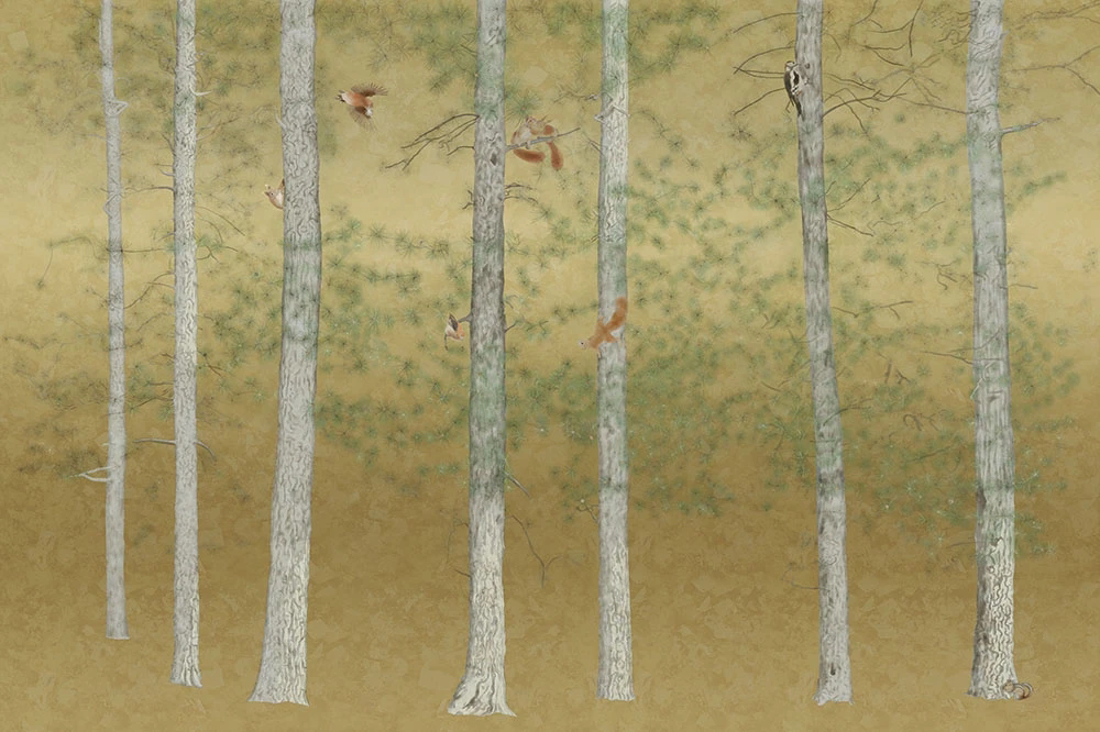 Фотообои и фрески на стену - пейзаж, березы, ветки, на золотом фоне