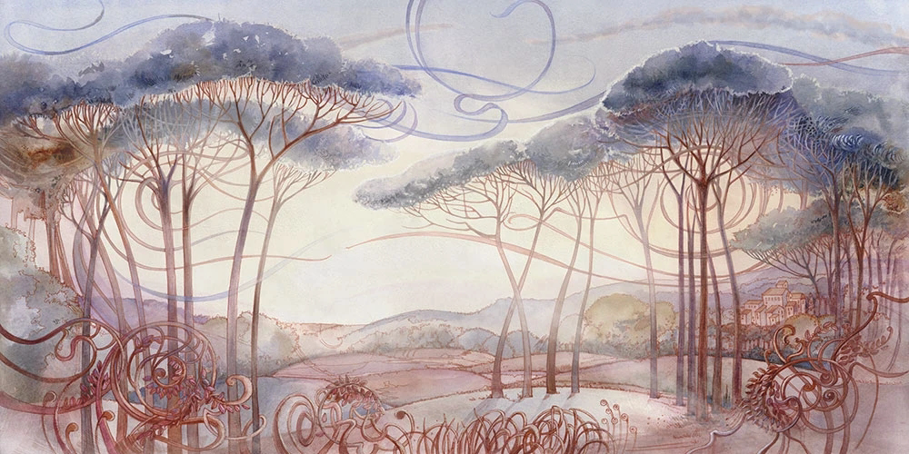 Фотообои на стену - пейзаж, сосны, голубая