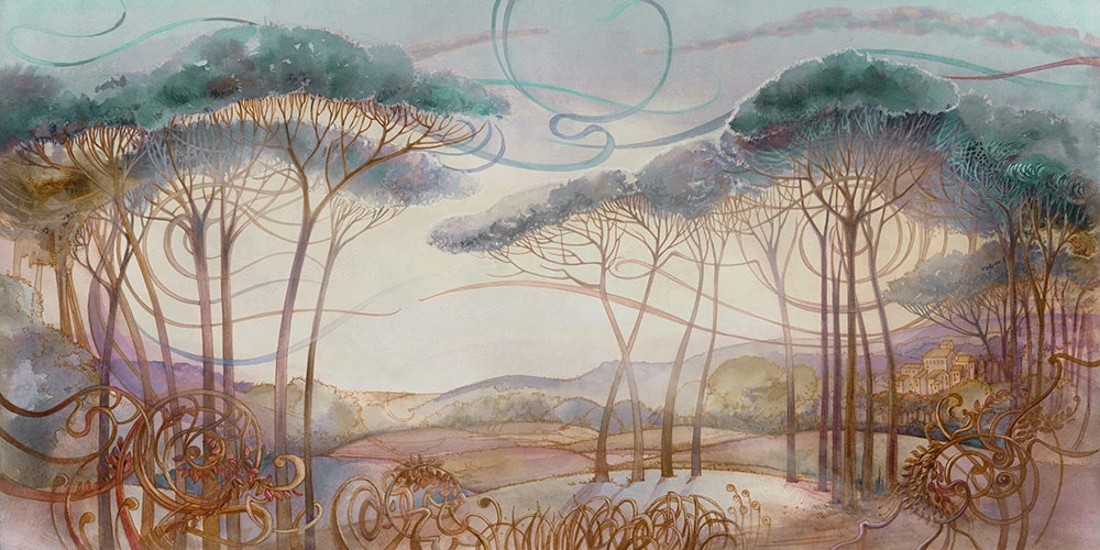 Фотообои и фрески на стену - пейзаж, сосны, бирюзовая