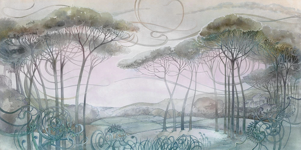 Фотообои и фрески на стену - пейзаж, сосны, светло бирюзовая