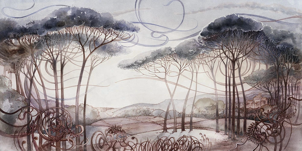 Фотообои и фрески на стену - пейзаж, сосны, темно синяя