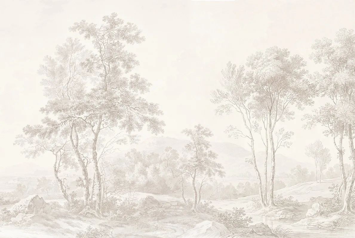 Фотообои на стену - пейзаж, бежевые, деревья, лес, деревья в тумане, обои деревья, лес бежевые, серый лес, дерево на стену, деревья сепия