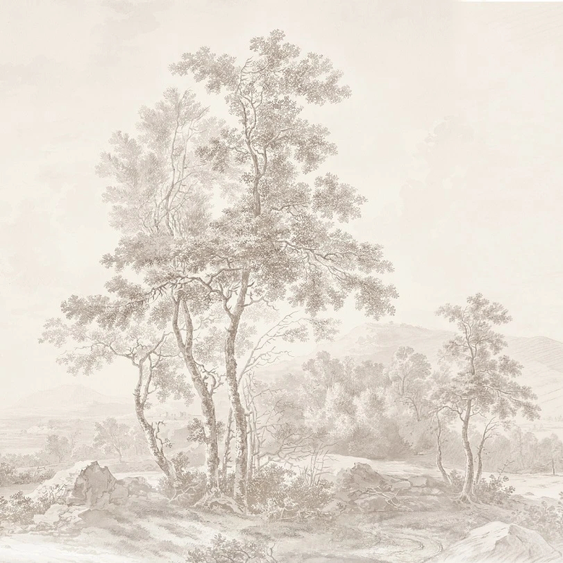 Фотообои и фрески на стену - пейзаж, бежевые, светлые, деревья, лес, деревья в тумане, обои деревья, лес бежевый, серый лес, поле дерево