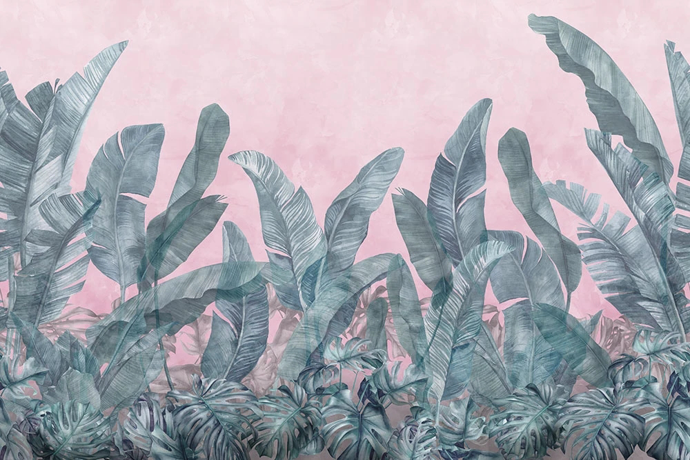 Фотообои и фрески на стену - пейзаж, листья тропические, банановые листья, зеленая, розовая