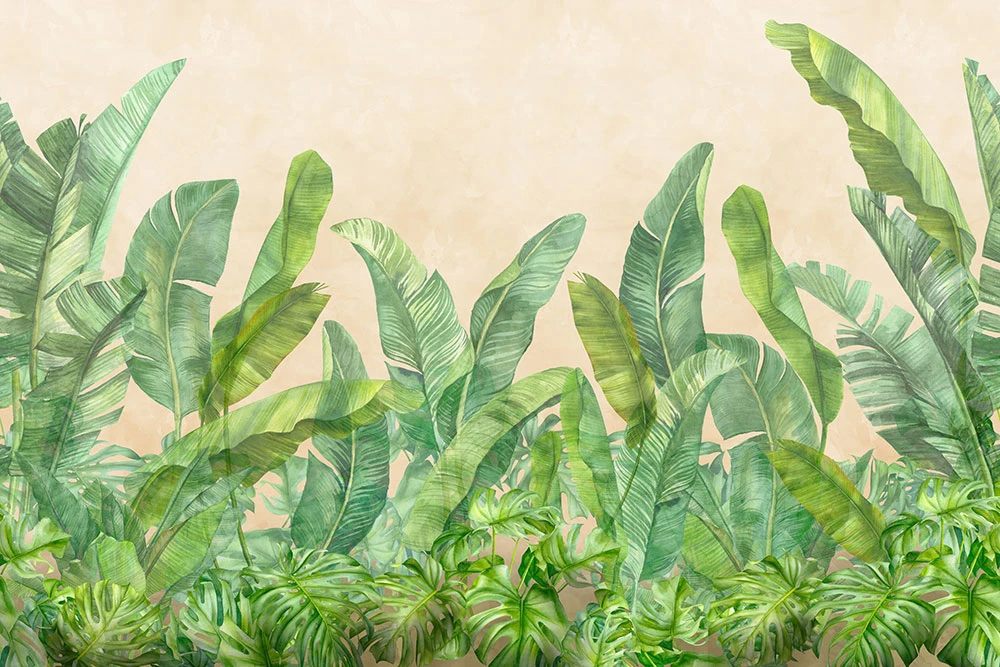 Фотообои и фрески на стену - пейзаж, листья тропические, банановые листья, ярко зеленая, на бежевом фоне