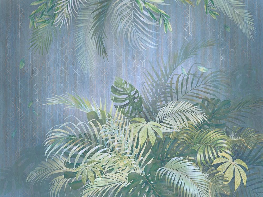 Фотообои и фрески на стену - пейзаж, листья тропические, папоротник, серо-голубая