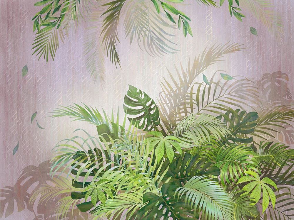 Фотообои и фрески на стену - пейзаж, листья тропические, папоротник, серо-розовая