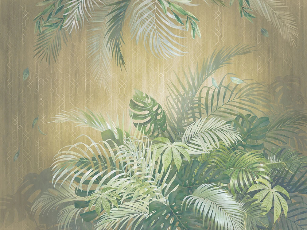 Фотообои на стену - пейзаж, листья тропические, папоротник, желто-зеленая