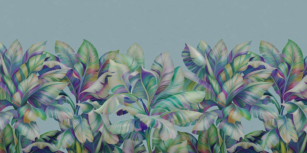 Фотообои и фрески на стену - пейзаж, листья тропические, серо-зеленая, разноцветная