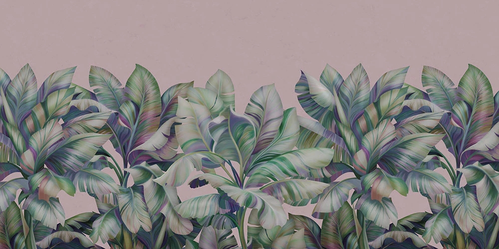 Фотообои и фрески на стену - пейзаж, листья тропические, розовая, зеленая