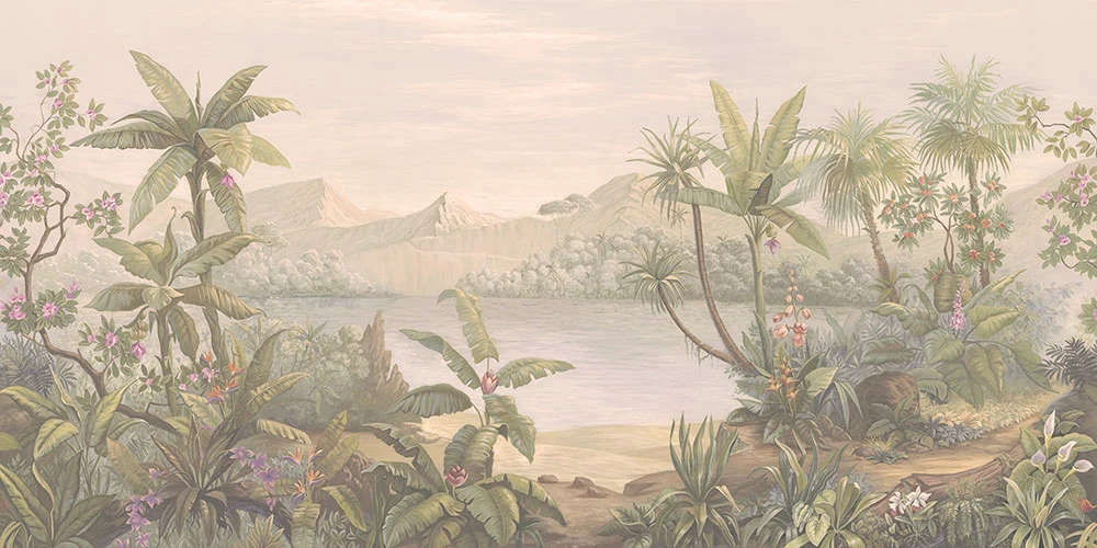 Фотообои на стену - пейзаж, тропический, тропики, горы, пальмы, бежевые, сепия