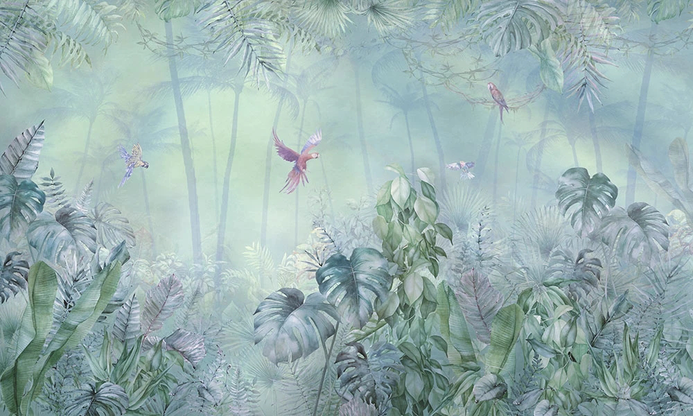 Фотообои и фрески на стену - пейзаж, тропические, тропики, тропические листья, попугай, бирюзовая